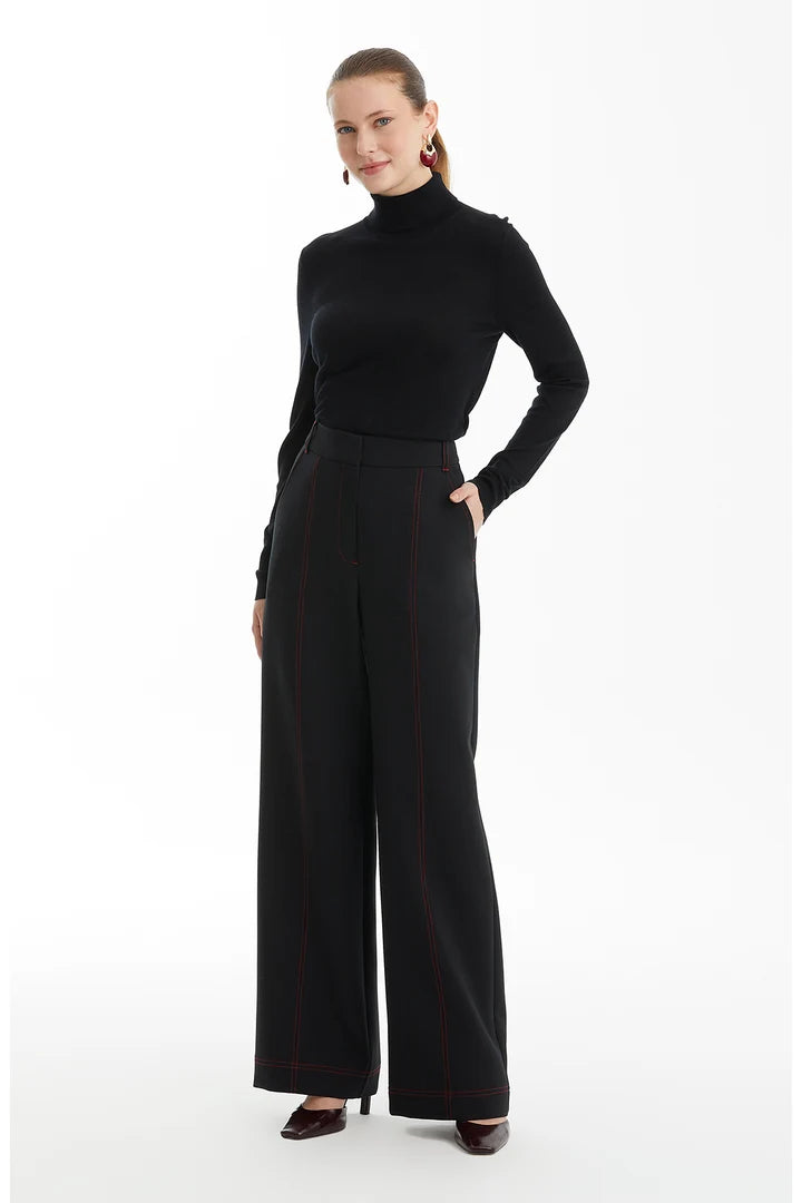Wide-Leg Black Trousers with Contrast Stitching