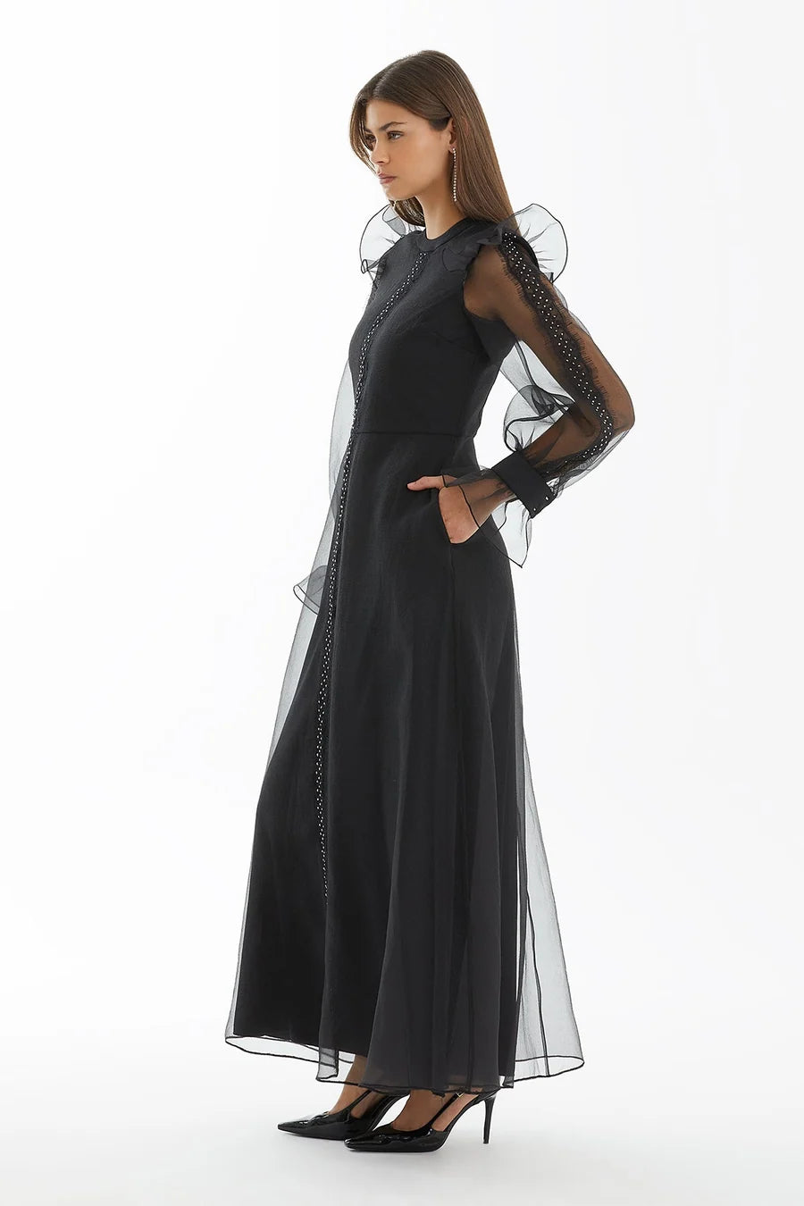 Maxi Black Dress with Embellished Lace Sleeves