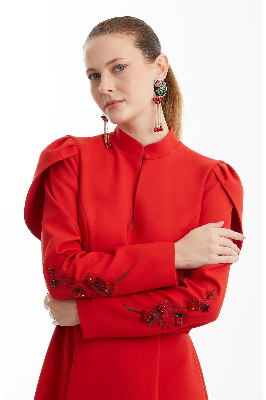 Red Dress with Embroidered and Detailed Sleeves