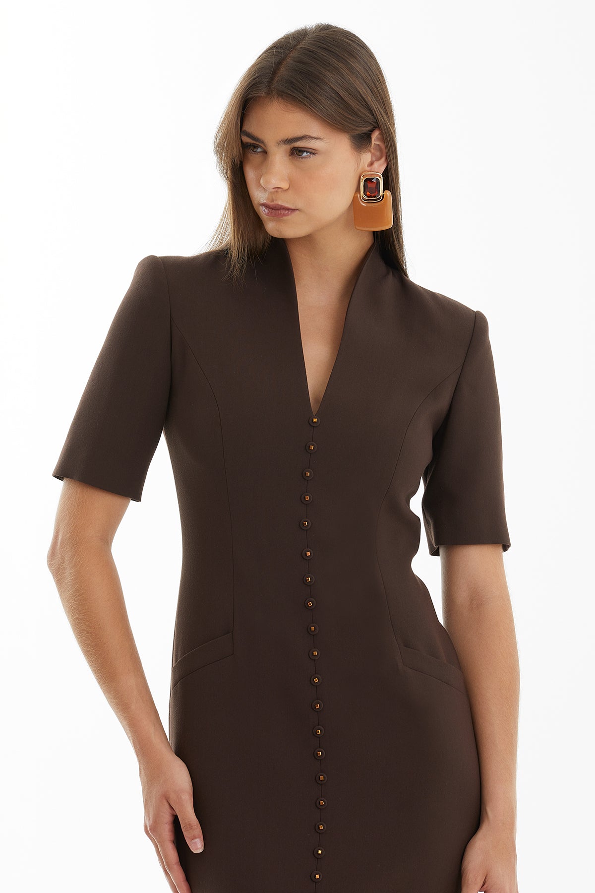 Brown Long Dress with Slit Detail