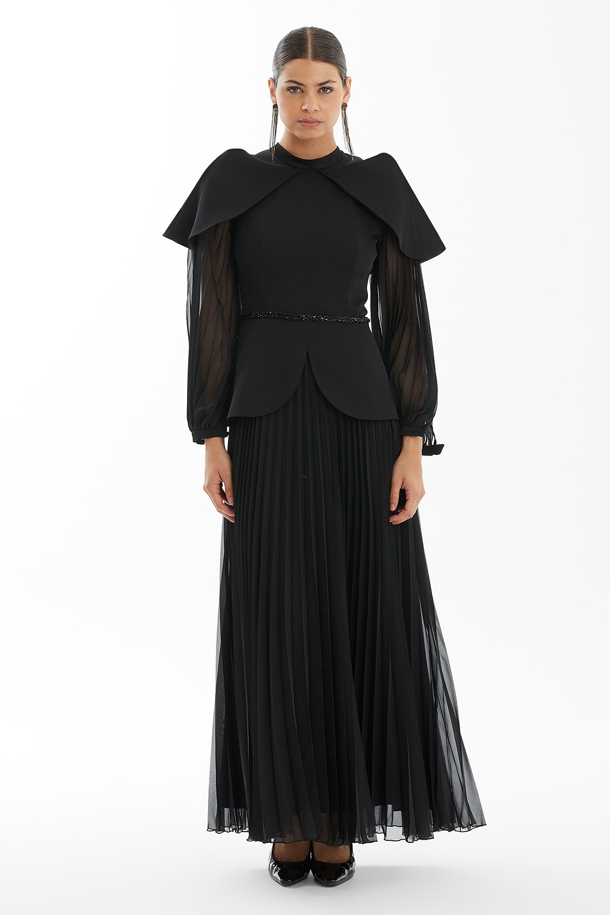 Black Maxi Dress with Cape Sleeves, Embroidered and Pleated