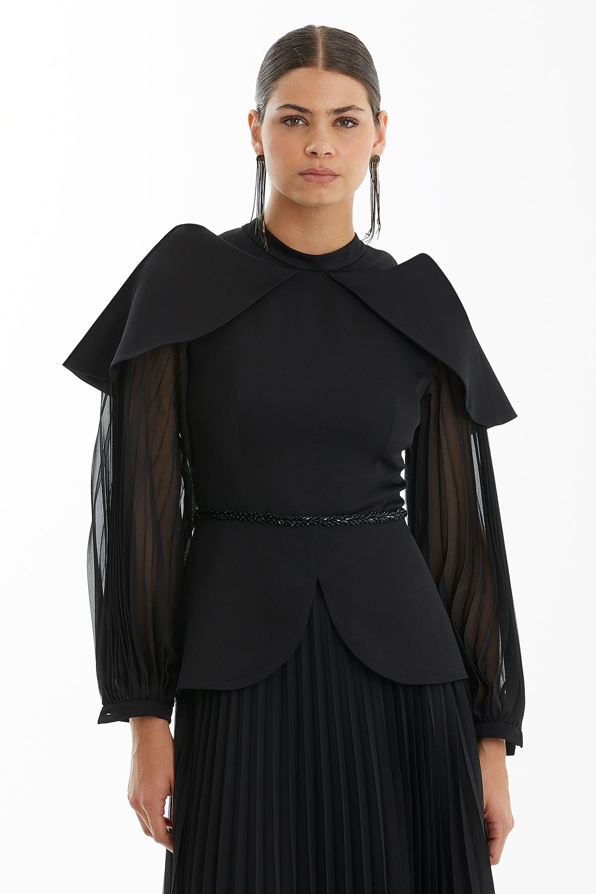 Black Maxi Dress with Cape Sleeves, Embroidered and Pleated