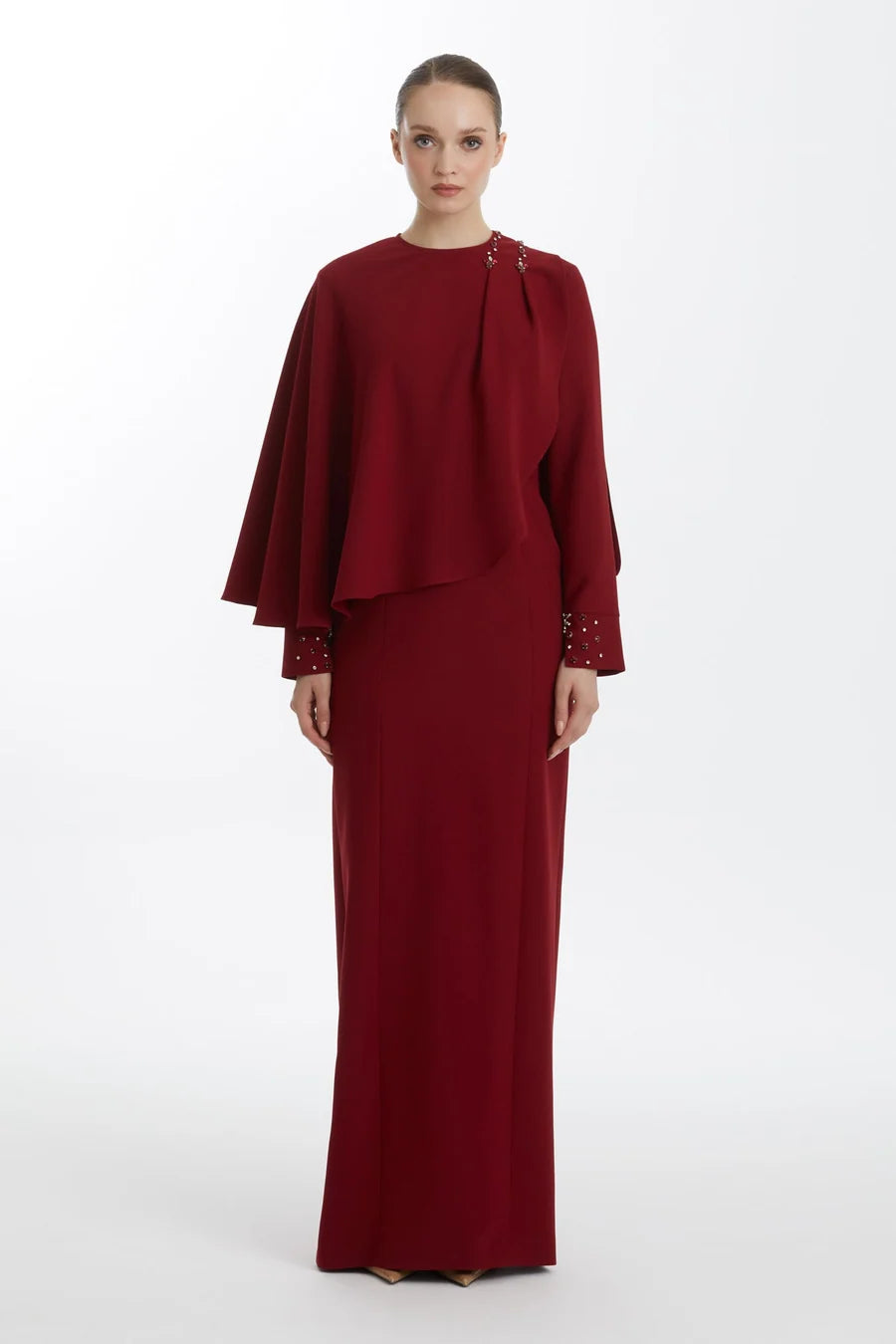 Red Dress with Cape and Stone Embellishments