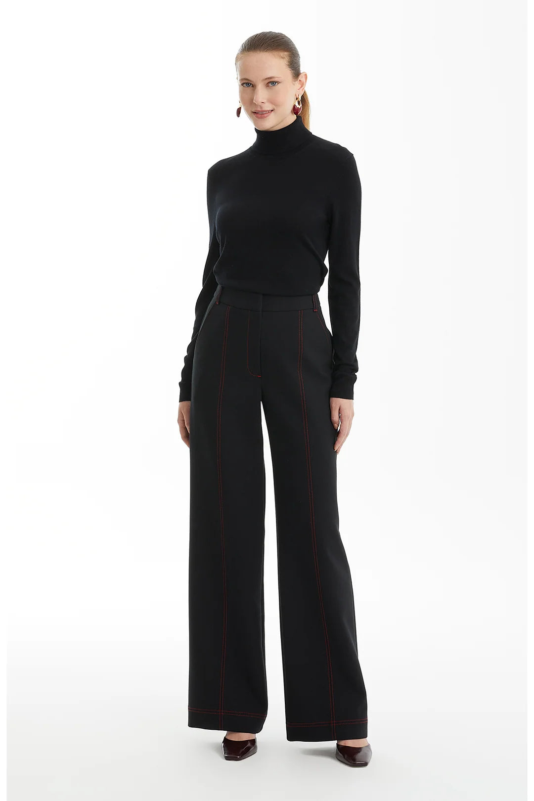Wide-Leg Black Trousers with Contrast Stitching