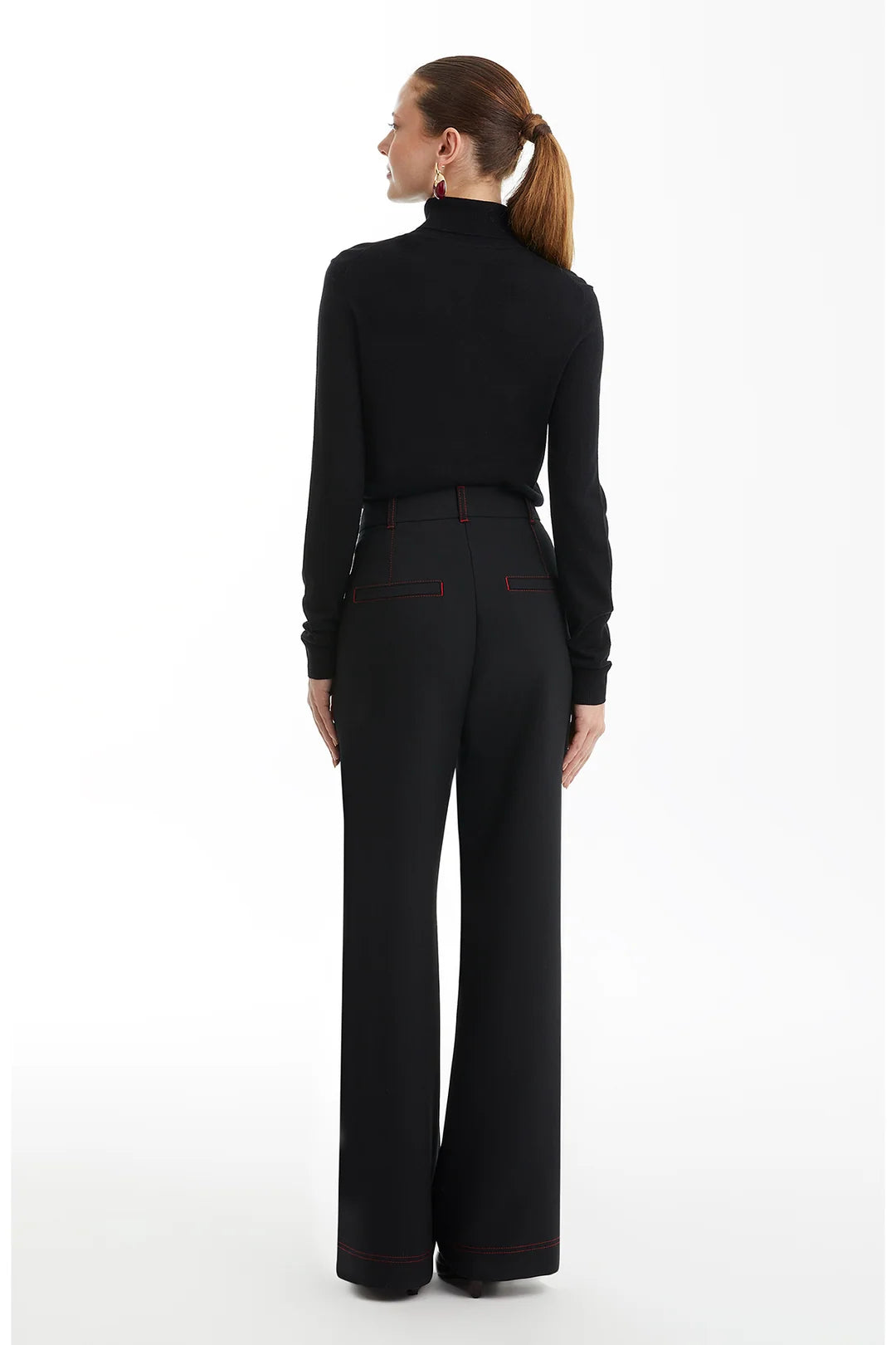 Wide-Leg Black Trousers with Contrast Stitching