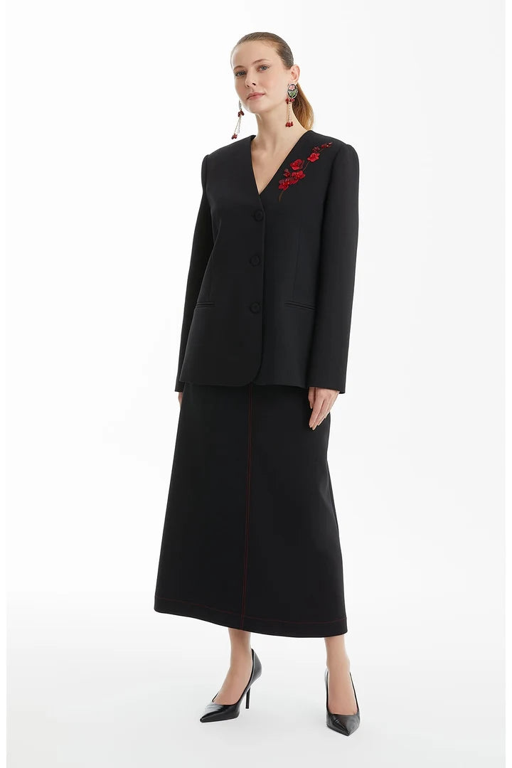 Long Black Jacket with Floral Appliques