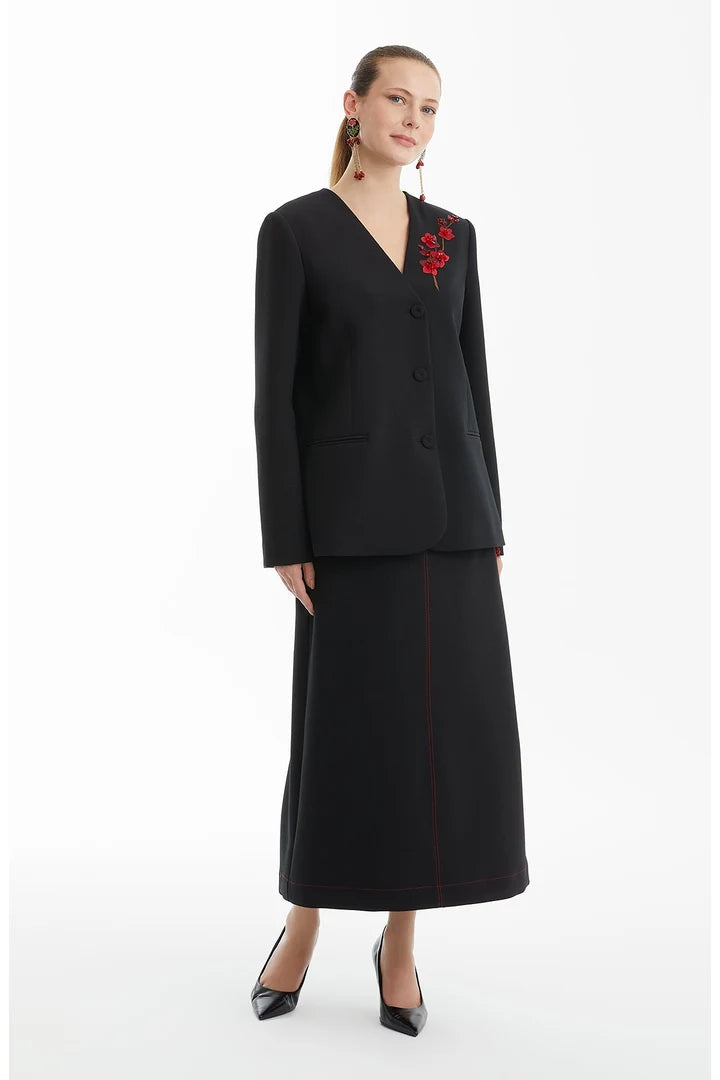 Long Black Jacket with Floral Appliques