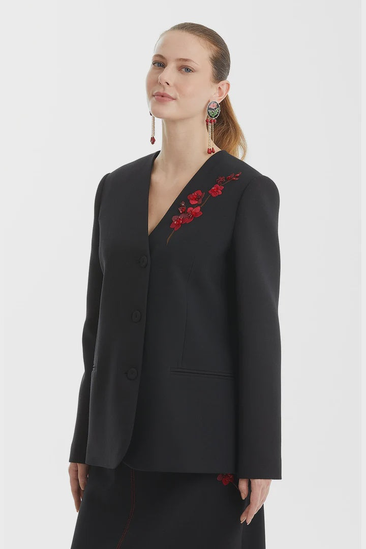 Long Black Jacket with Floral Appliques
