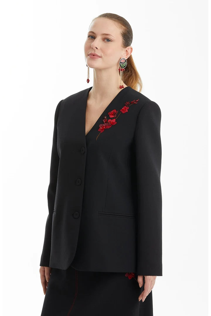 Long Black Jacket with Floral Appliques
