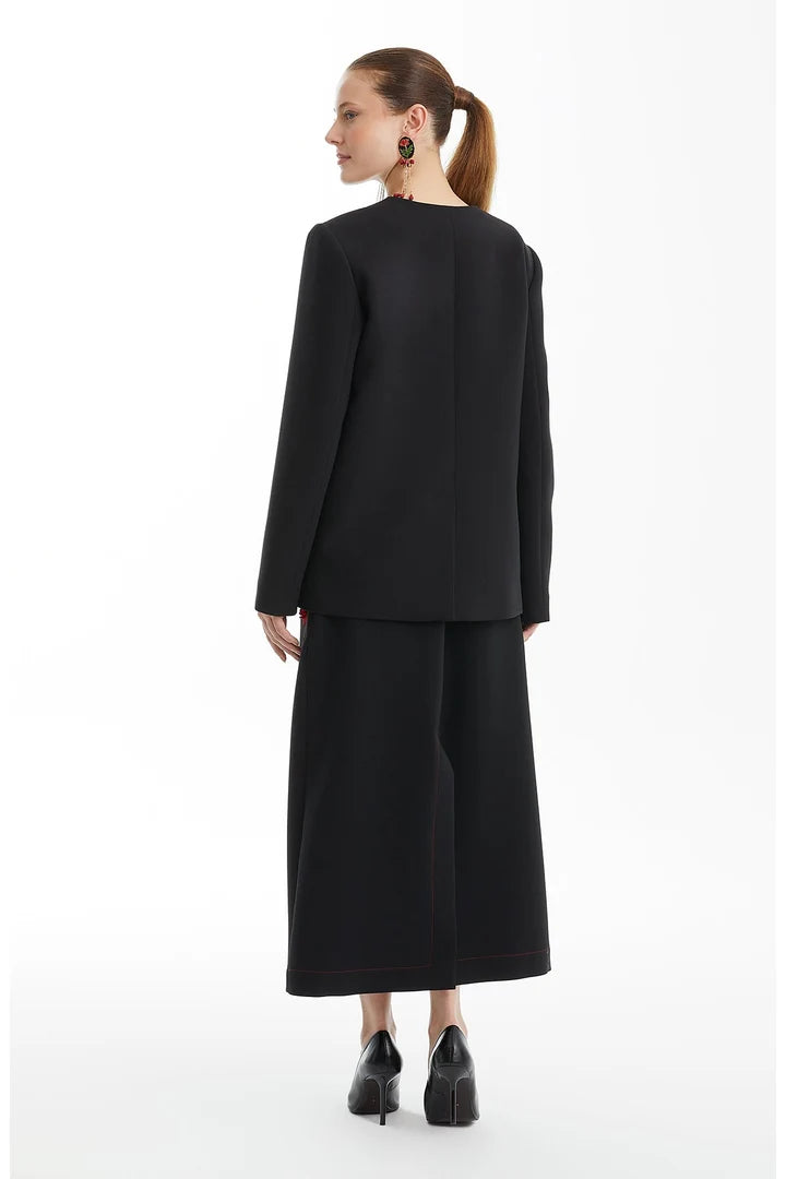 Long Black Jacket with Floral Appliques