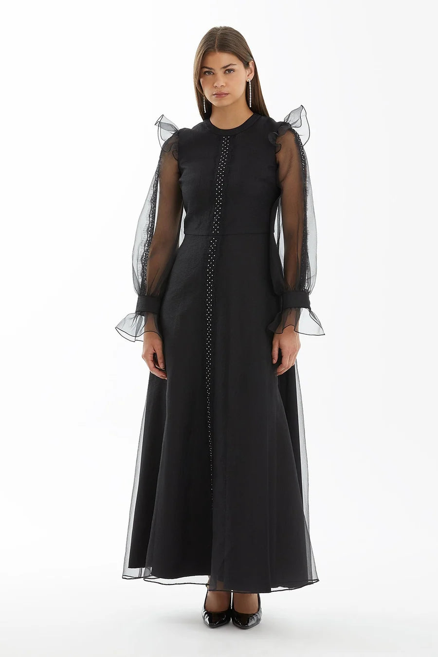 Maxi Black Dress with Embellished Lace Sleeves