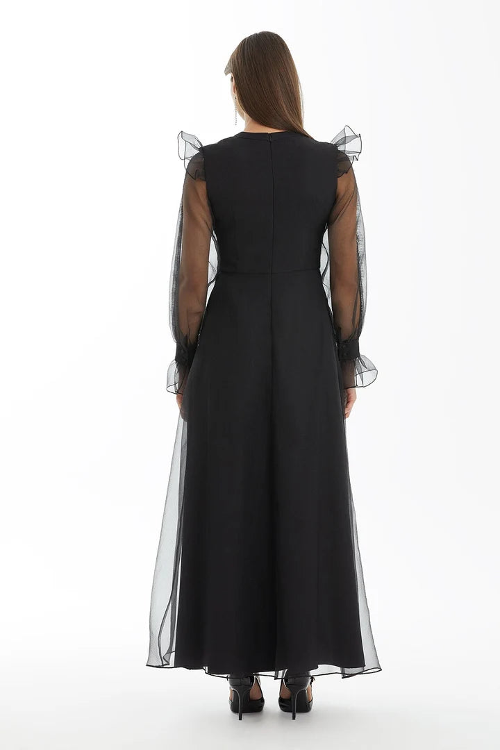 Maxi Black Dress with Embellished Lace Sleeves