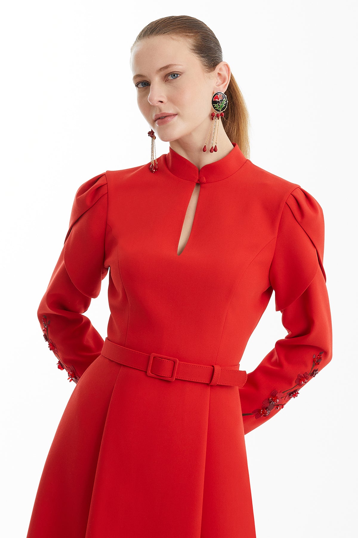 Red Dress with Embroidered and Detailed Sleeves