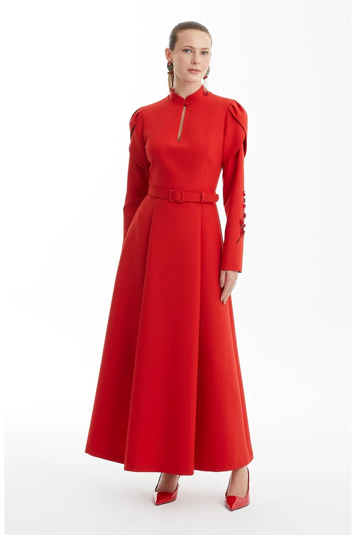 Red Dress with Embroidered and Detailed Sleeves