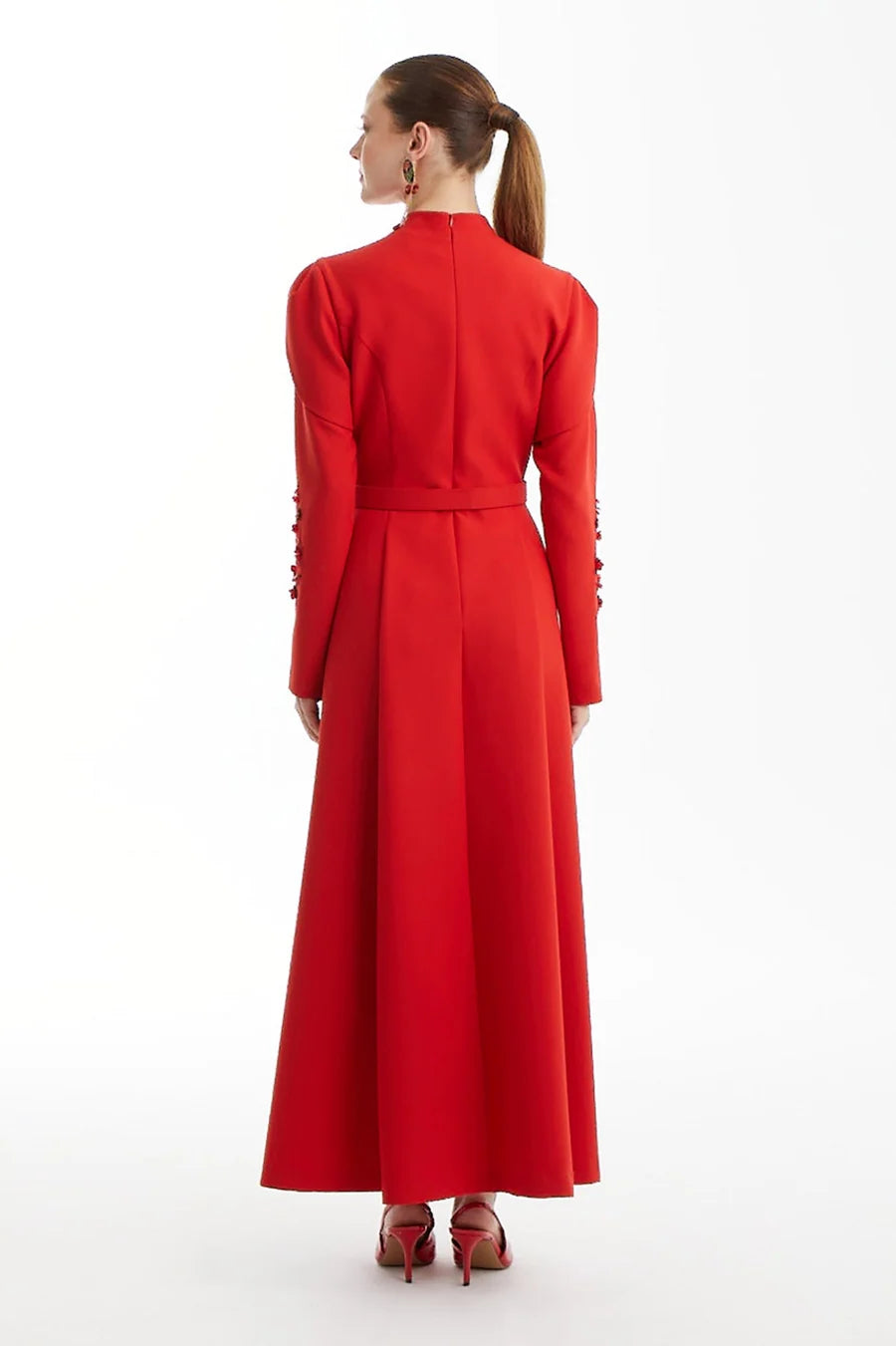 Red Dress with Embroidered and Detailed Sleeves