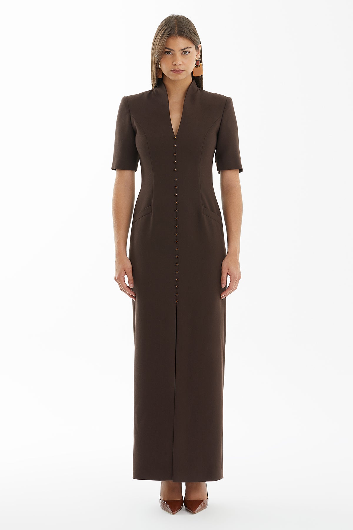 Brown Long Dress with Slit Detail