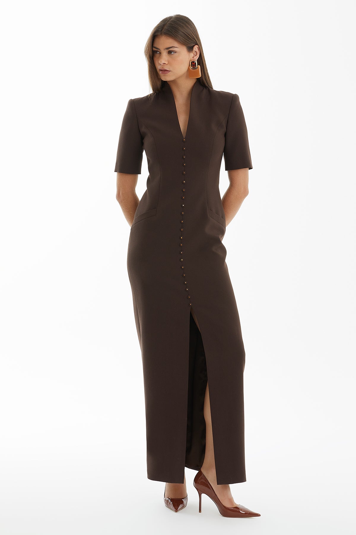 Brown Long Dress with Slit Detail