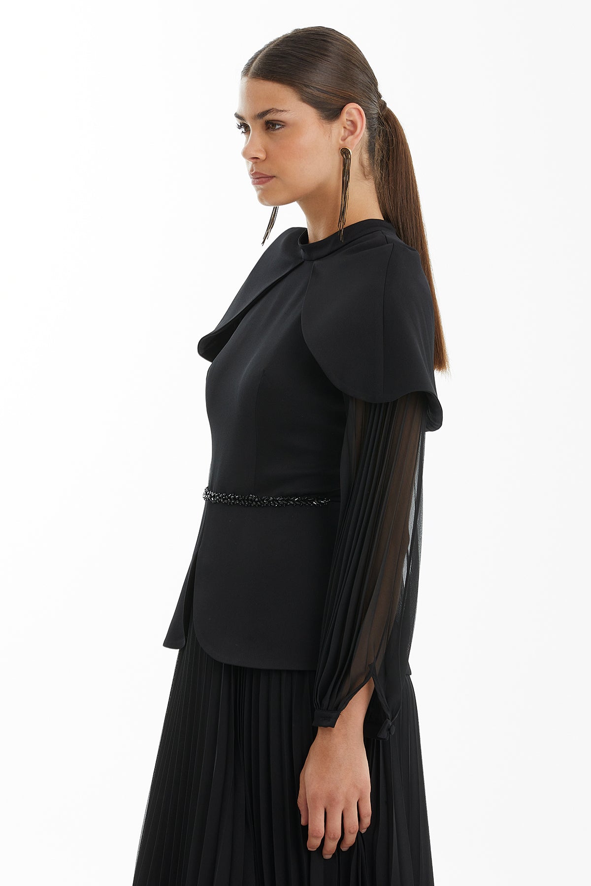 Black Maxi Dress with Cape Sleeves, Embroidered and Pleated