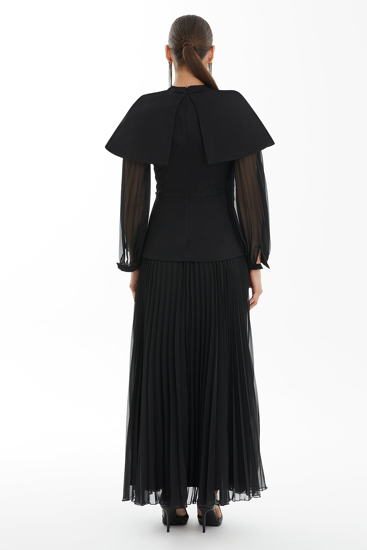 Black Maxi Dress with Cape Sleeves, Embroidered and Pleated