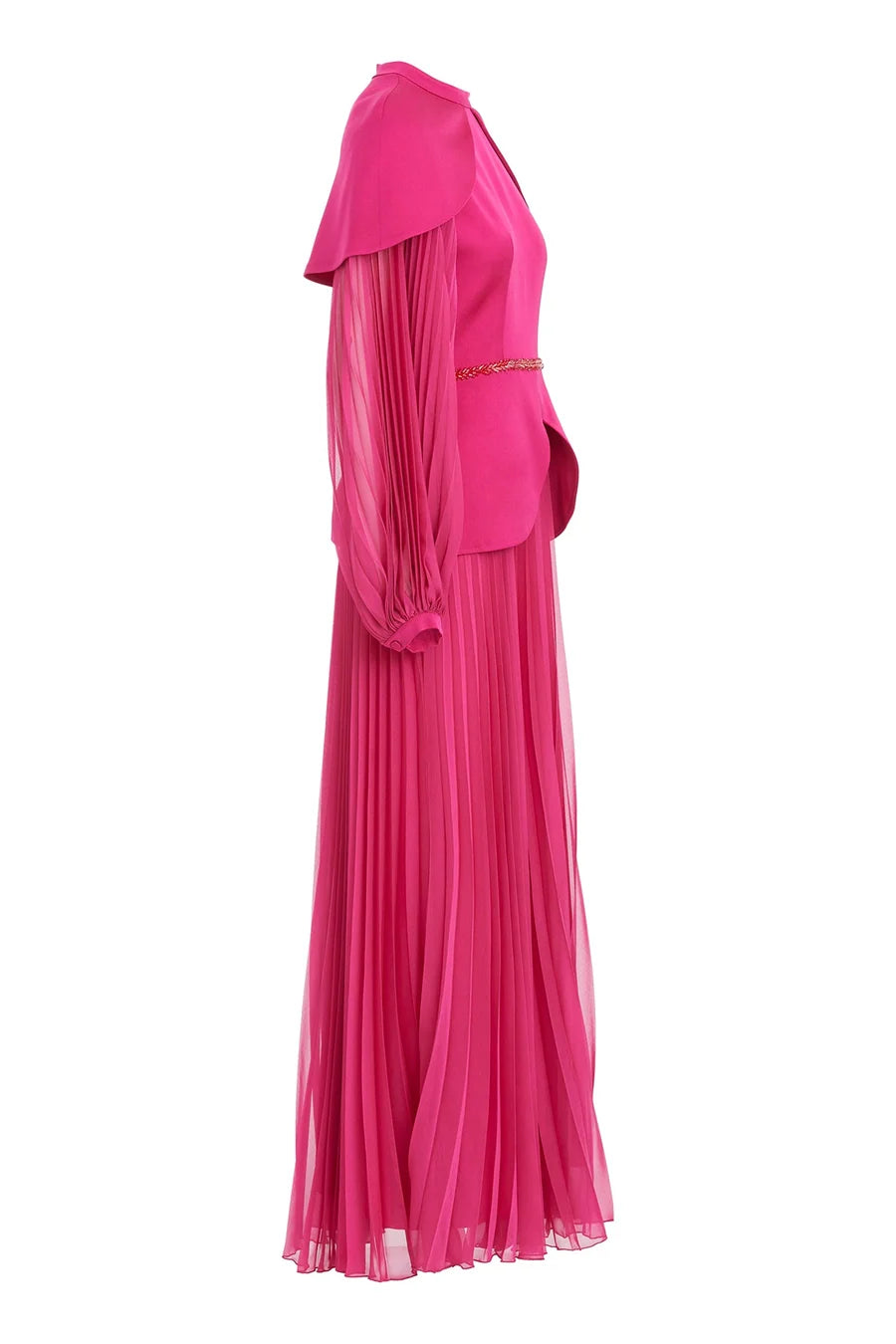 Black Maxi Dress with Cape Sleeves, Embroidered and Pleated