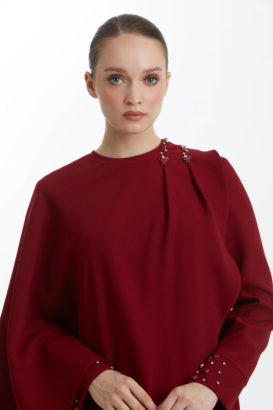 Red Dress with Cape and Stone Embellishments
